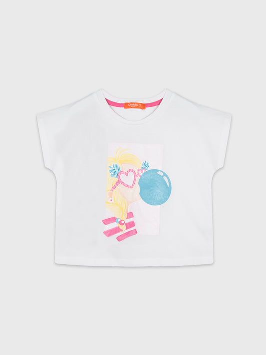 Short Sleeve Playful Bubble Gum Printed Cropped Blouse