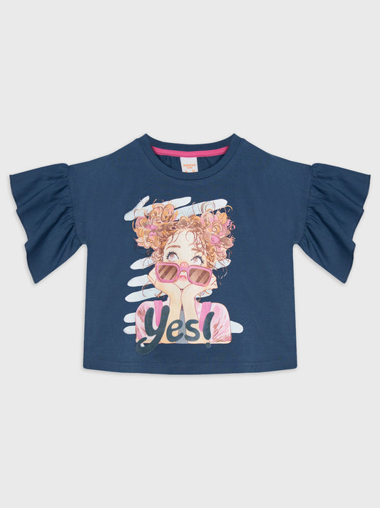 Short Sleeve Printed Ruffle Blouse